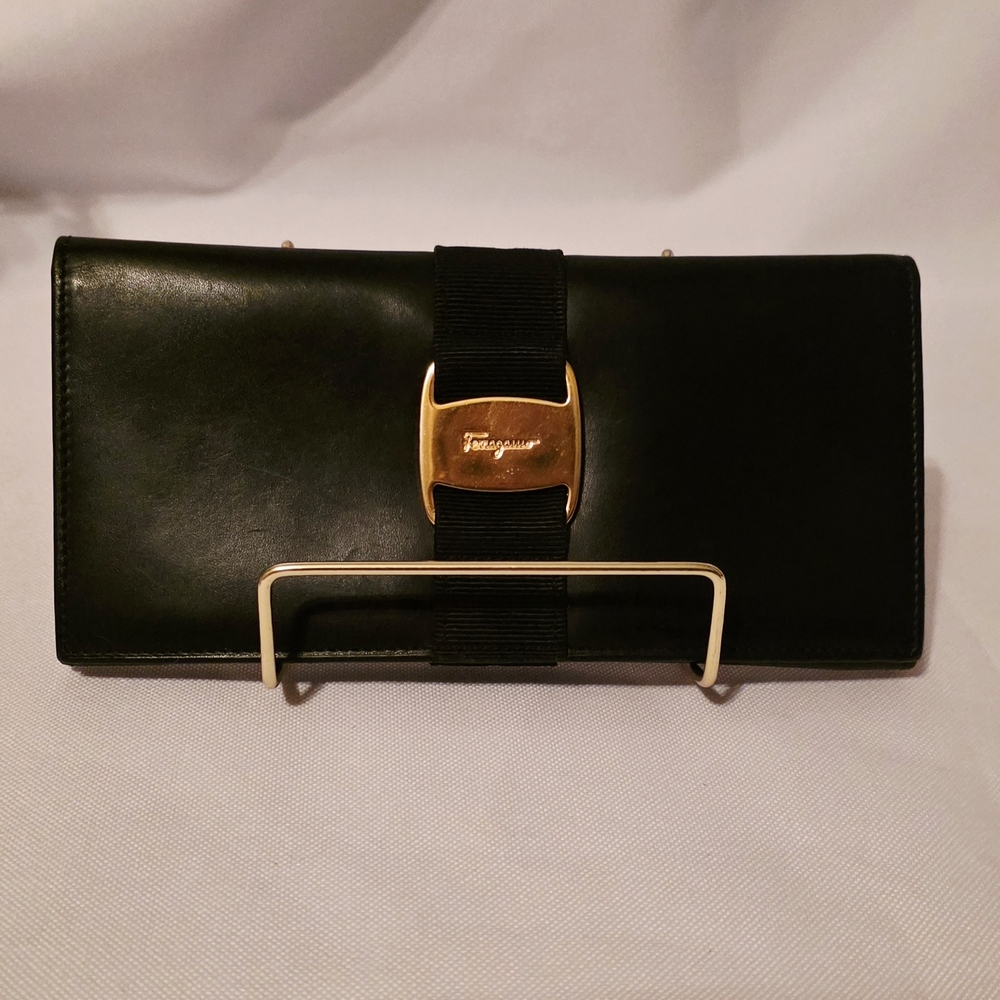 Salvatore Ferragamo Black Leather Long Wallet with Gold Hardware In EUC
